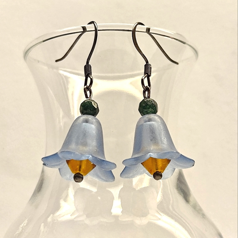 Beaded Blue And Yellow Flower Earrings - Picture 3 of 5